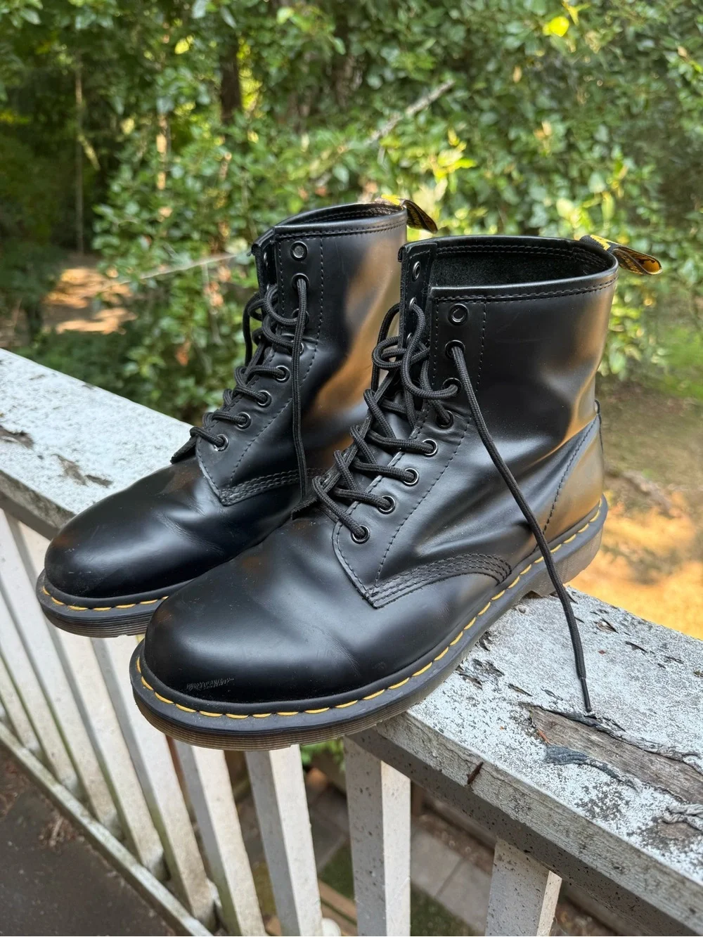 Dr. Martens Black Leather Lace-Up Boots with Yellow Stitching
